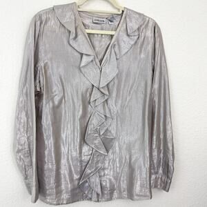 Chico's Womens Button Blouse Top Size L Cotton Metallic Silk Ruffle Silver
